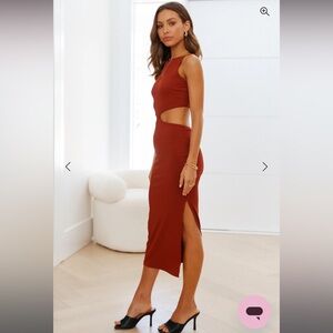Hello Molly Khloe Midi Dress Brown Burnt Orange Red Cut Out Ribbed Dress XS NWT